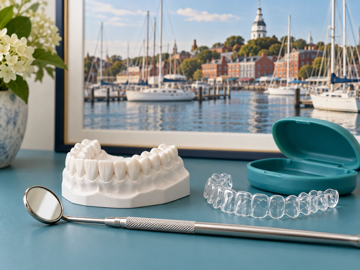 Clear aligner, dental model, and dental mirror in front of an Annapolis-inspired harbor print