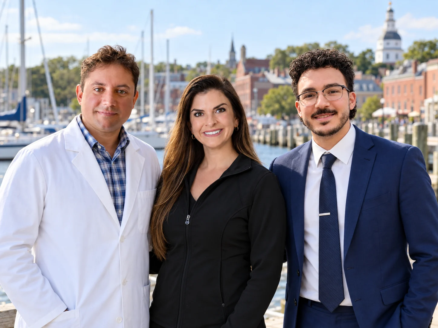 Composite portrait of Dr. Yeremi Canizales, Dr. Emily Sewell, and Dr. Bashar Sadat with an Annapolis waterfront background